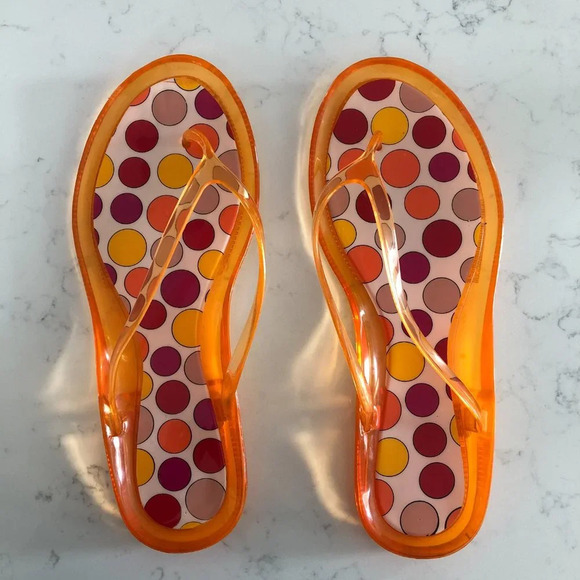 Vintage Synthetic Man-Made Beach Flip-Flop Sandals Orange Polka Dot Sz L 9 - 10 - Picture 2 of 7